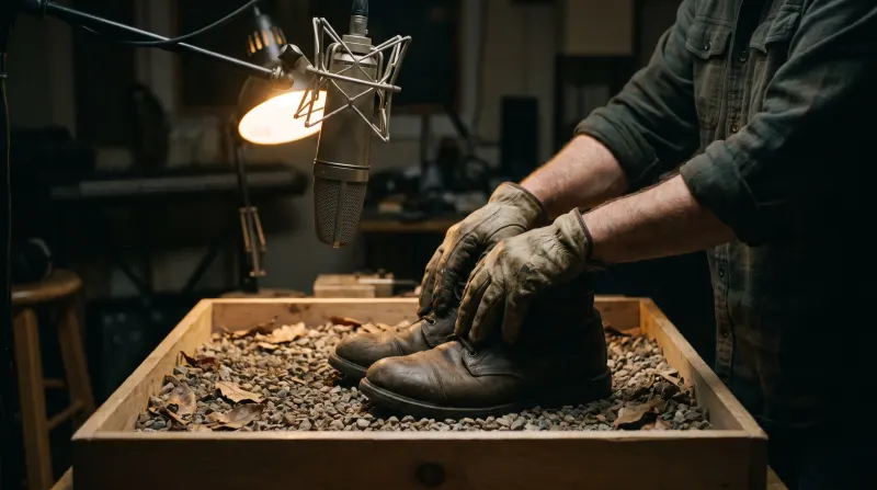 Boots on gravel, slow walk, close mic