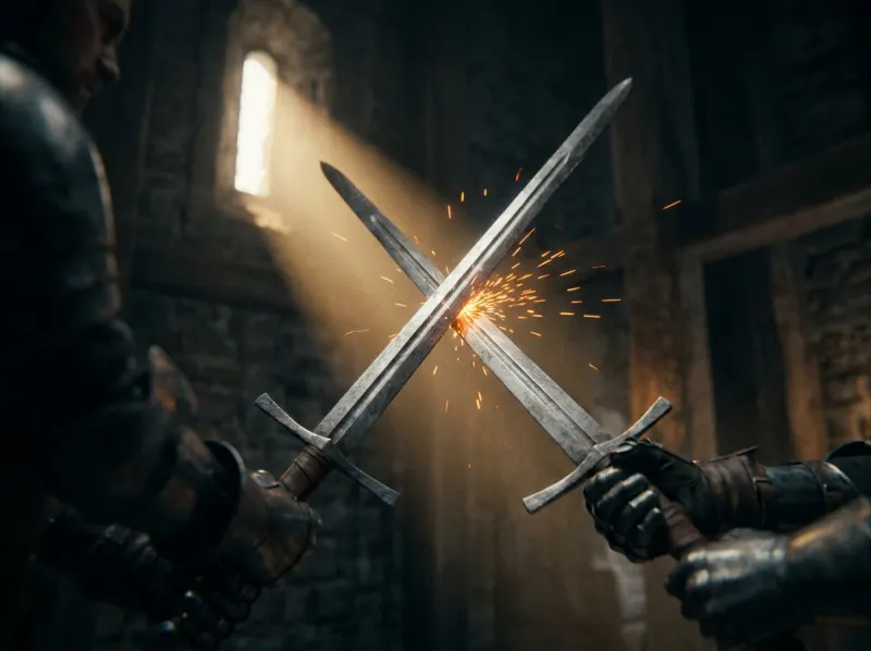 Swords clashing in a stone hall