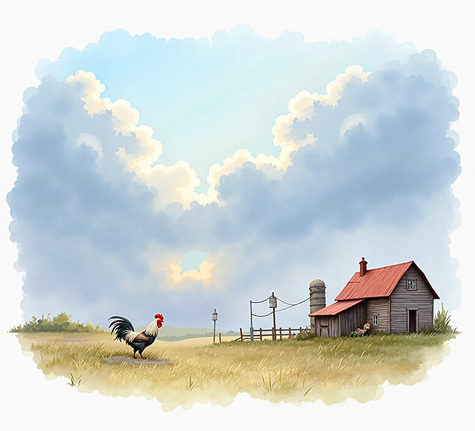 Rooster crowing in morning on rustic farm	